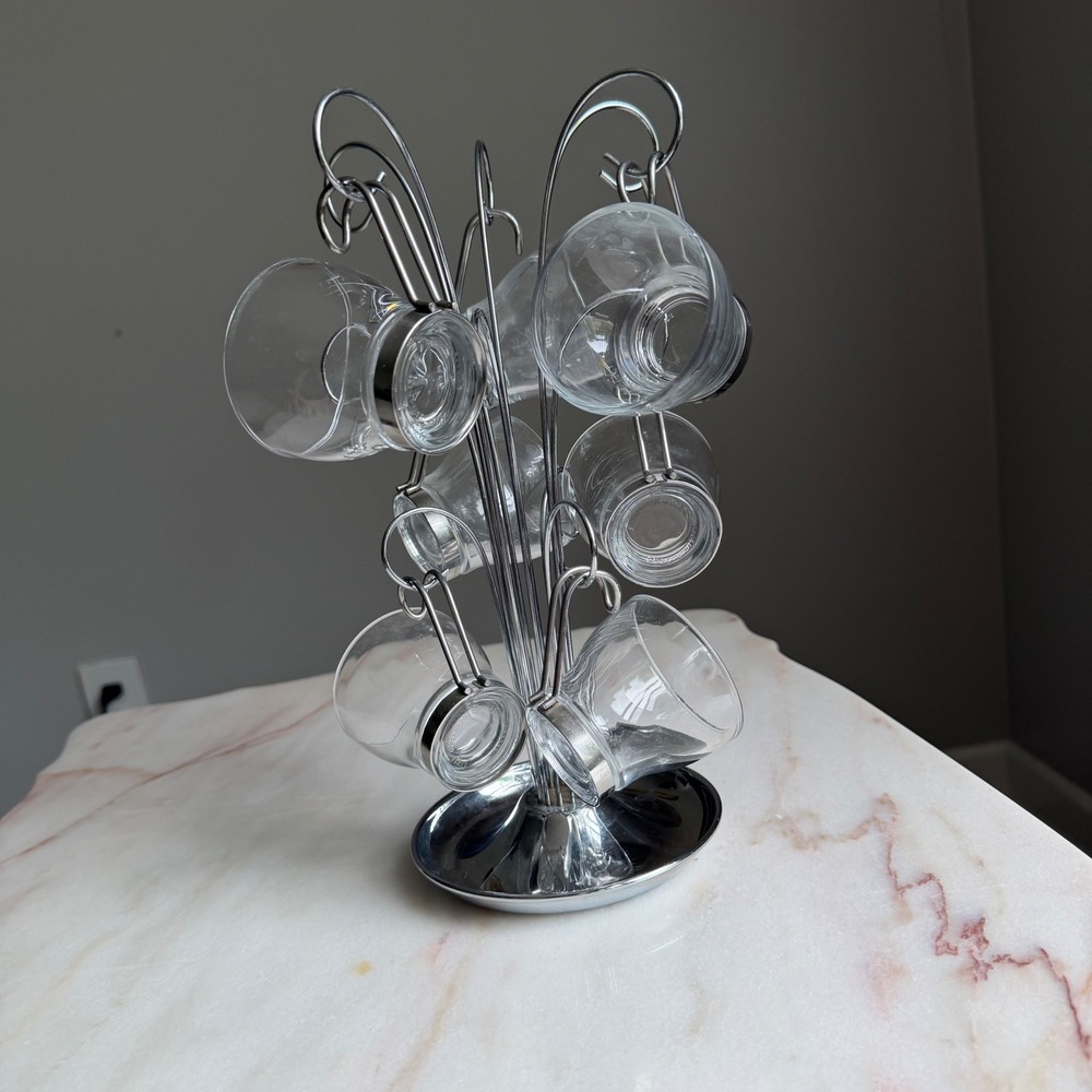 Bormioli Rocco Espresso Cups with Chrome Display Tree Stand Set of 6